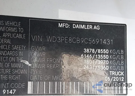 2012 Mercedes-Benz Sprinter 2500 High Roof from USA, damaged, VIN WD3PE8CB9C5691431